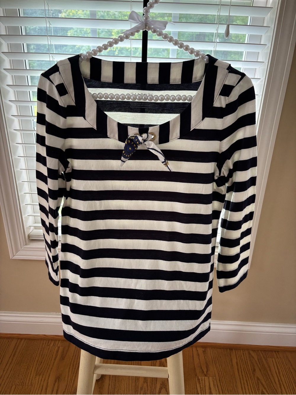 Talbots Dark Navy and White Striped Long Sleeve Boatneck Top